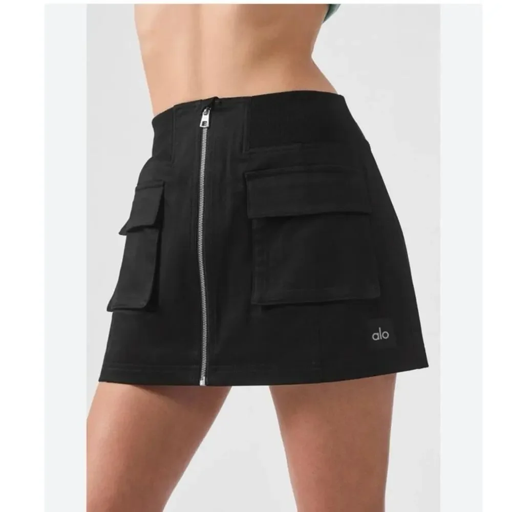 Alo Yoga Night Out Cargo Skirt Black Front Zip Cargo Mini Skirt Size S